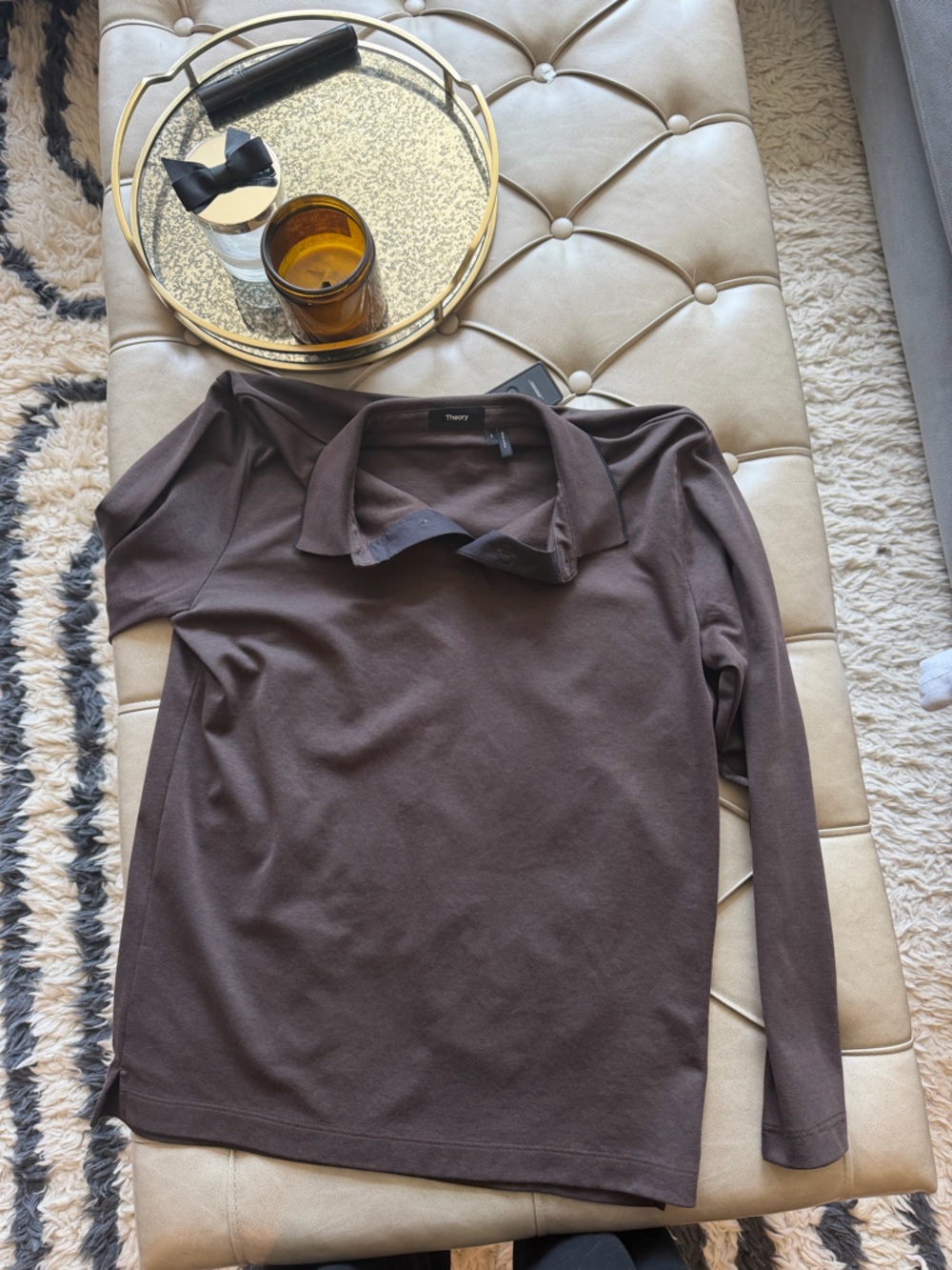 Theory Dark Brown Oversize Long Sleeve Polo Top